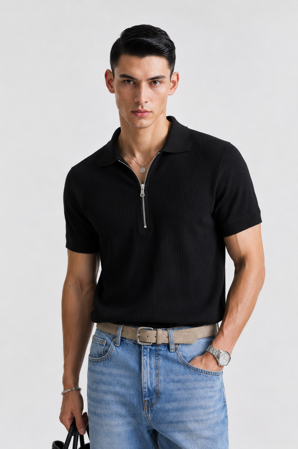 Black Knitted Zip Polo