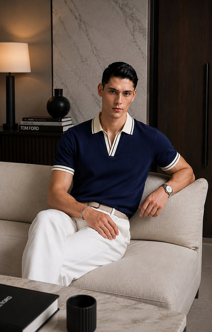 Navy Blue Tipping Knitted Polo