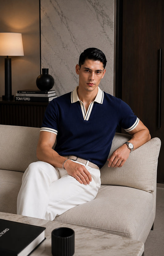 Navy Blue Tipping Knitted Polo