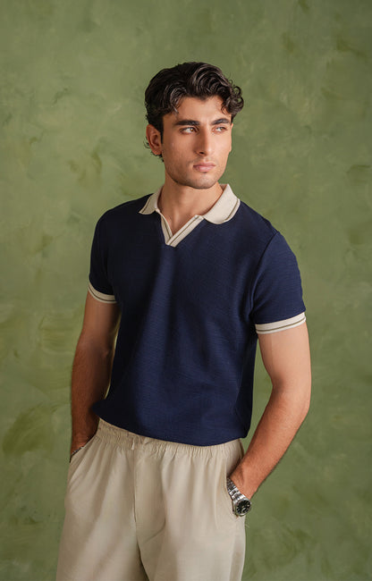 Navy Blue Tipping Knitted Polo