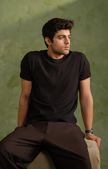 Black Textured Crew Neck T-Shirt