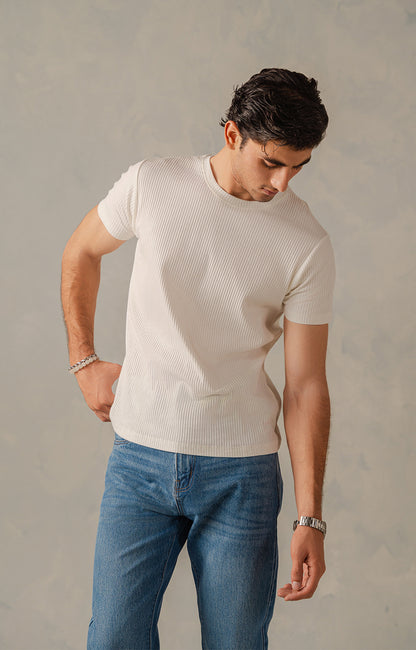Classic White Textured Crew Neck T-Shirt